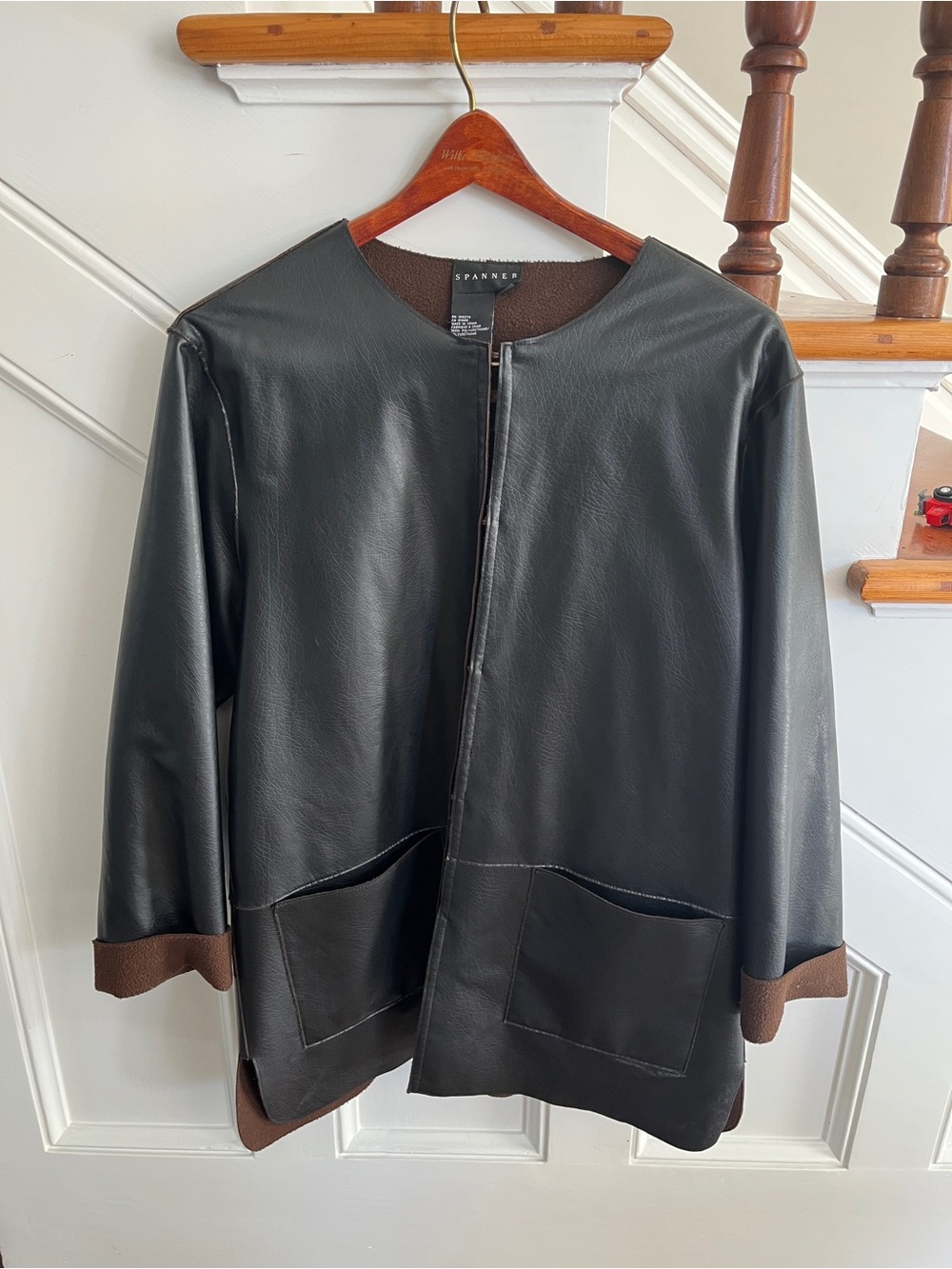 SPANNER Black Leather Jacket with Brown Trim